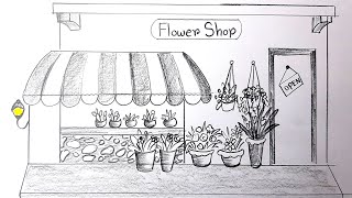 How to draw easy flower shop scenery step by step [upl. by Jarrett701]