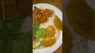 Pollo guisado served wwhite rice and Tostones Spinach Tomatoes Salad and Avocado cooking [upl. by Hermosa210]