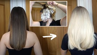 BLEACHING MY HAIR BROWN TO BLONDE at home EXTREME transformation [upl. by Acir]