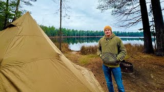 First WINTER Camp of The Season on a Lake Hot tent Freezing Temperatures [upl. by Llenyr]