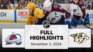 NHL Highlights  Avalanche vs Predators  November 02 2024 [upl. by Mariand341]