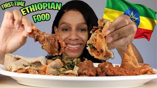 TRYING ETHIOPIAN FOOD SAMBUSA  DORO WAT  INJERA  GOMEN WAT  MISIR WAT ASMR MUKBANG EATING [upl. by Ellasal]