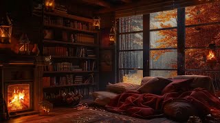 Peaceful Autumn Evening Fireplace and Gentle Rain 🌧️ Smooth Jazz at A Cozy Reading Nook Ambience [upl. by Korie939]