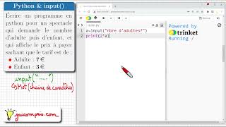 Python ♦ input ♦ Faire un programme pour billetterie demande nombre enfant adulte ➜ prix ♦ SNT [upl. by Yesnik407]
