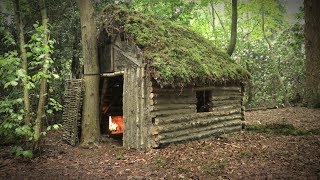 Off Grid Log Cabin with Moss Roof  Cruck Frame Shelter Overnight Camp [upl. by Rettke]