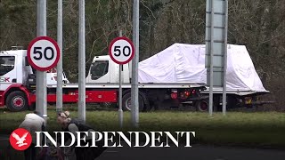 Wreckage removed from fatal car crash near Cardiff which left three dead and two injured [upl. by Rehpotsirhk]