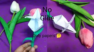 How to make paper tulipEasy origami tulipDIY tulip flowerNo glue paper craftNo glue flower [upl. by Yelehsa876]