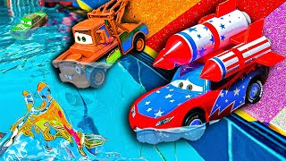 Disney Pixar Cars fall into the water Lightning McQueen Jackson Storm Chick Hicks Miss Fritter [upl. by Buroker]