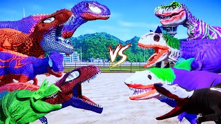 ALL RED SIPDERMAN DINOSAURS vs ALL SUPERHERO DINOSAURS  Jurassic World Superhero Complication [upl. by Travis]