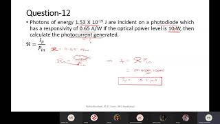 KEC 058 OFC Lecture 40 Responsivity of PIN Diode APD Impact Ionization Numerical Probelms [upl. by Gusti954]