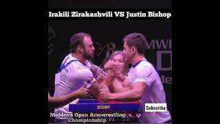 Irakili Zirakashvili VS Justin Bishop Moldova Tournament fight armwrestling [upl. by Oicirtap]