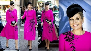 Queen Maxima of Netherlands Looks Beautiful in Bright Pink A Line Dress at Congress in Utrecht [upl. by Woolley]