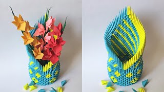 3D origami YELLOWBLUE VASE  How to make a modular origami vase [upl. by Llenra729]