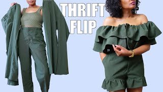 DIY Off Shoulder Ruffle Set  25 Work Clothes Transformation [upl. by Shewmaker121]