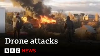 Ukraine and Russia exchange drone attacks  BBC News [upl. by Adiarf]