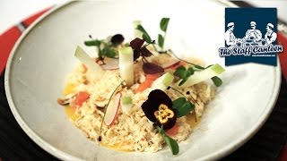 Pierre Koffmann talks food style and creates a crab and sea bass recipe [upl. by Htieh]