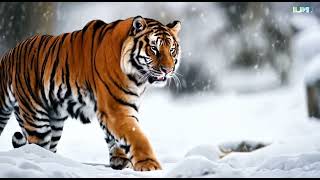 Low angle shot of a majestic tiger prowling through a snowy landscape leaving paw prints on the whi [upl. by Huntingdon]