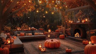 Autumn Forest Ambience 🍁 Soothing Jazz Gentle Rain and Pumpkin Glow by the Fireplace for Sleep 🎃 [upl. by Nolla]