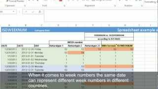 Calculating week numbers with WEEKNUM and ISOWEEKNUM Excel 2013 [upl. by Eusoj]