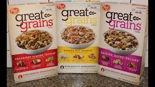 Post Great Grains Cranberry Almond Crunch Banana Nut Crunch and Raisins Dates amp Pecans Cereal [upl. by Noyar972]