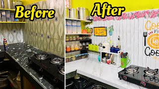 Indian Non Modular Kitchen MakeoverKitchen Makeover with wallpapersDIY countertop organisation [upl. by Llewkcor836]