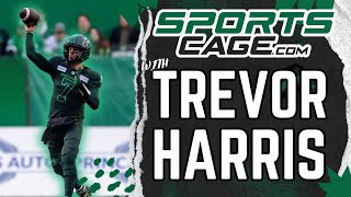 The SportsCage Roughriders QB Trevor Harris joining after CFL West Semi win over the BC Lions [upl. by Aenehs]