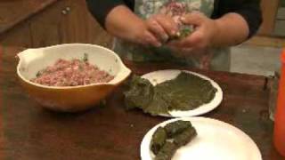 Elizabeths Greek Kitchen Cooking Class  Dolmathes  Greek Mincerice stuffed vine leaves [upl. by Angadresma]