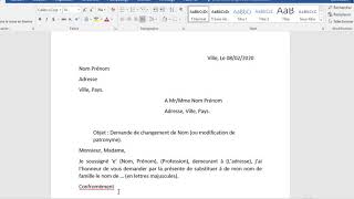 LETTRE  DEMANDE DE CHANGEMENT DE NOM sans rapport avec des liens de filiation [upl. by Clarkson]