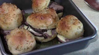 Garlic Knot Sliders with Roast Beef Cheese and Horseradish Sauce [upl. by Ashmead848]