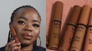 NYX Butter Gloss Brown Sugar For Dark Skin  Try On NewShades [upl. by Adyeren]