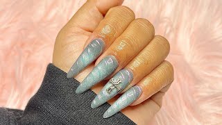 Trying out MODELONES POLYGEL KIT gray almond nails3d chrome nail art [upl. by Idaf949]