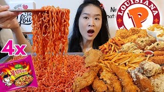 4X SPICY Mala Fire Noodles amp Popeyes Cereal Crispy Fried Chicken  Hot Ramen Mukbang w Eating Sounds [upl. by Nwahsirhc]