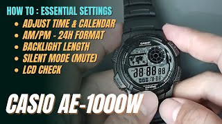 How To Set Casio AE1000W Adjust Time Date 1224H Backlight Silent LCD Check AE1000W AE1000 [upl. by Zigrang328]