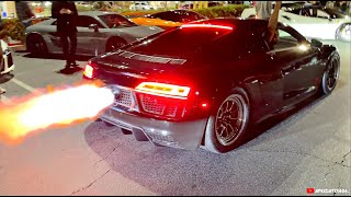 Twin Turbo Audi R8 vs TT Lamborghini Huracan Rev Battle [upl. by Ylecic]