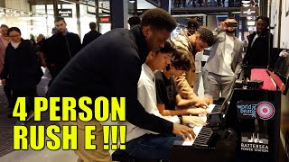 Can FOUR PEOPLE Play Rush E on One Public PIANO  Cole Lam [upl. by Retlaw178]