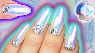 WHITE CHROME NAILS  Mermaid Unicorn Dust Iridescent Nail Art  Sea Shell Nail Swarovski amp Pearl [upl. by Jarid]