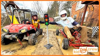 Mud racing kids ride on truck vs dads gokart through mud jump and woods Educational  Kid Crew [upl. by Aryan]