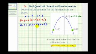 Ex Find a Quadratic Function Given the Intercepts of the Graph [upl. by Sherlocke865]