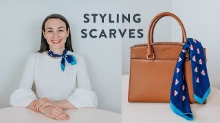 MY FAVORITE WAYS TO ACCESSORIZE WITH SCARVES  SILK SCARF TUTORIAL [upl. by Annelg]