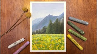 Oil Pastel Painting 04  mountain trees and flowers [upl. by Aleb618]