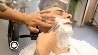 Modern British Barber Hot Shave with Straight Razor and Steamer [upl. by Nylloc961]