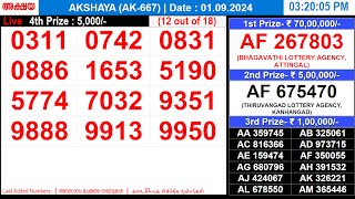 KERALA LOTTERY AKSHAYA AK667  LIVE LOTTERY RESULT TODAY 01092024  KERALA LOTTERY LIVE RESULT [upl. by Krutz]