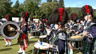 Ballater amp District Pipe Band march off after performances during 2019 Braemar Gathering in Scotland [upl. by Ainitsirc]