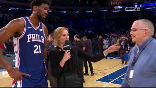 Joel Embiid On Crashing Into Front Row amp Facing Mitchell Robinson  New York Knicks Post Game [upl. by Gavrilla]