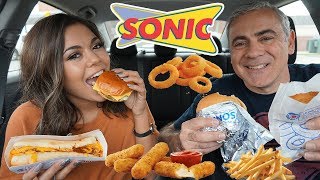 SONIC MUKBANG BURGERS CHILI CHEESE DOG ONION RINGS MOZZ STICKS YUMM  Steph Pappas [upl. by Maddox]