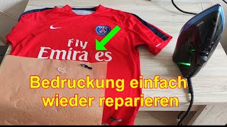 Trikot selbst Reparieren Aufdruck Schrift wiederbefestigen kleben TShirt Wappen Beflockung [upl. by Sivek914]