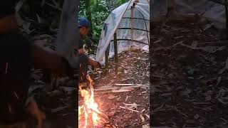 CAMPING BUSHCRAFT HEAVY RAIN THUNDER shorts camping bushcraftovernight [upl. by Ronyam134]