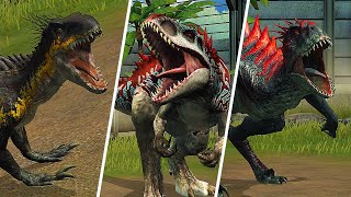 Scorpius rex vs Indoraptor vs Indominus rex Fight  Who is Most Powerful   Jurassic World The Game [upl. by Ylrae]