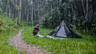 HIT BY CRAZY RAIN STORM amp THUNDERSTORM  solo camping LONG HEAVY RAIN with NEW TENT  ASMR [upl. by Gschu208]