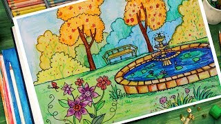 How to Draw a Beautiful Garden Scenery [upl. by Fidel]